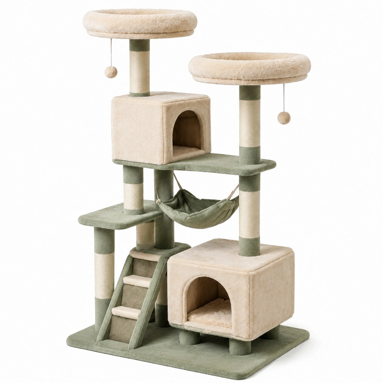 Katzenbaum aus Spanplatte mit Hängematte und Plüsch Beige/Grün 140cm