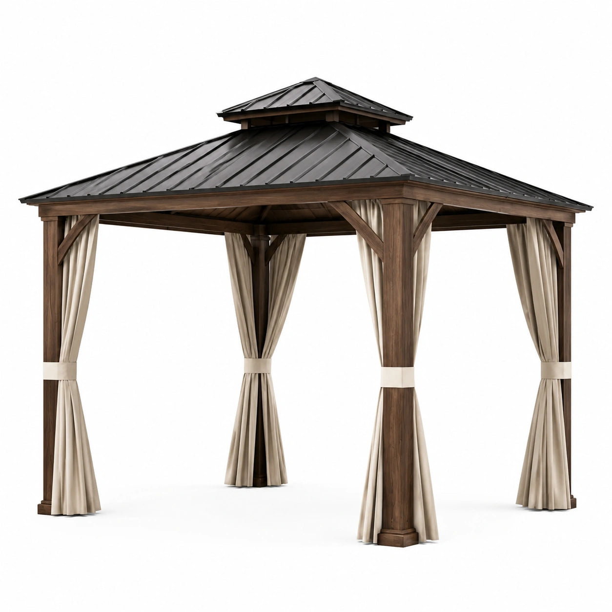 Holzpavillon mit verzinktem Stahldach und Polyester-Vorhängen 360x360x300 cm